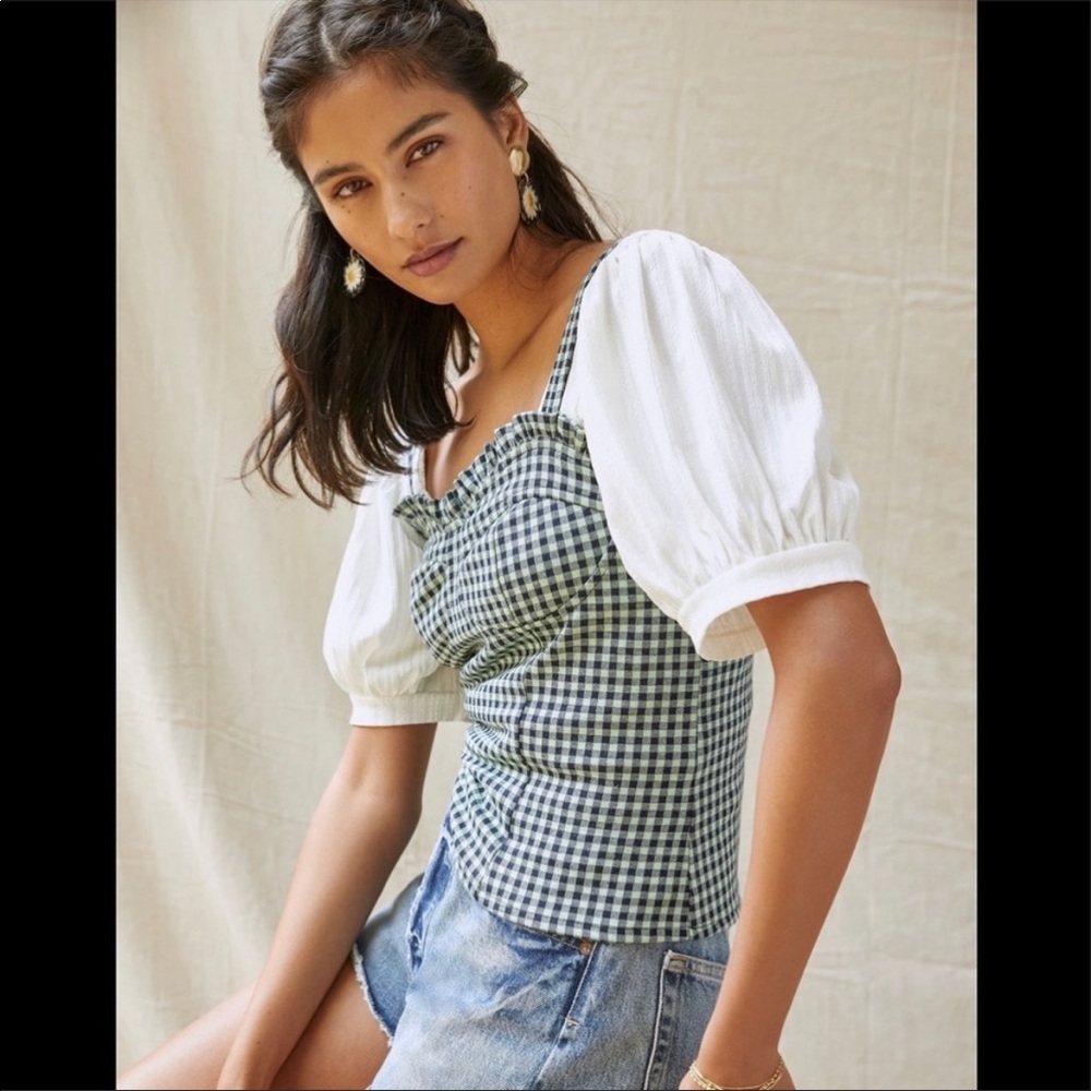 Anthropologie Gingham Sweetheart Tank in
blue and green size XL by Eva Franco